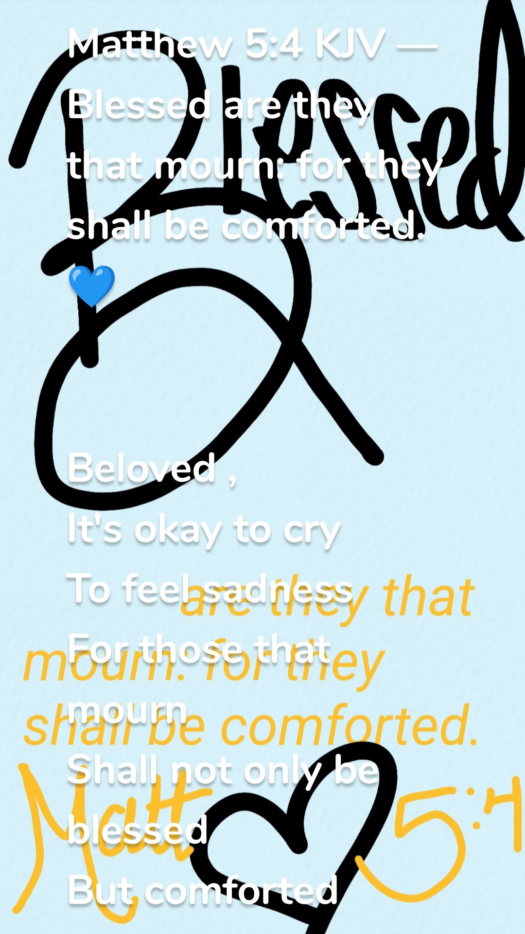 Matthew 5:4 KJV — Blessed are they that mourn: for they shall be comforted.💙


Beloved , 
It's okay to cry 
To feel sadness 
For those that mourn 
Shall not only be blessed 
But comforted 
When there's loss of life 
To mourn a life 
Is what we do 
And it's alright 
We've lost a lot of good ones lately 
The Father is calling them home 
Abundantly 
Mourning our loved ones 
Doesn't make us weak 
It doesn't make us crazy 
Christ mourned Lazarus 
For Him he wept 
We will celebrate the ones we love 
But we also will mourn them 
That's a part of the process 
Beloved , 
So remember this 
It's okay to cry 
To feel sadness 
For those that mourn 
Shall not only be blessed but 
Comforted 
When there's loss of life 
To mourn a life 
It is what we do 
And it's more than alright 
We've lost a lot of good ones lately 
The Father is calling them home 
Abundantly 
Let us do our best to be one of the ones
That make to Abrahamas Bosom
Faithfully 
🖤


